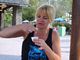 Karen dipping something at Disney Blizzard Beach